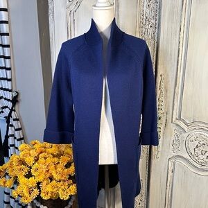Vintage Le Roy Knitwear Elegant Blue Open Front Sweater Coat Cardigan 100% Wool